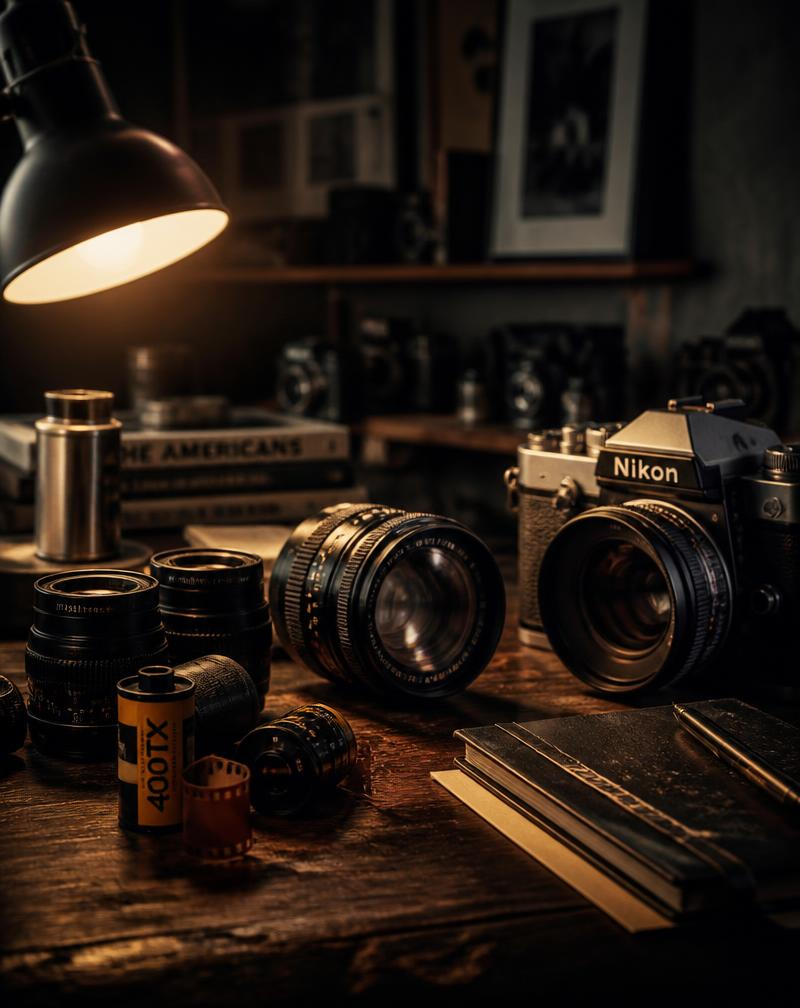 Câmera analógica, lentes e filmes sobre a mesa do estúdio