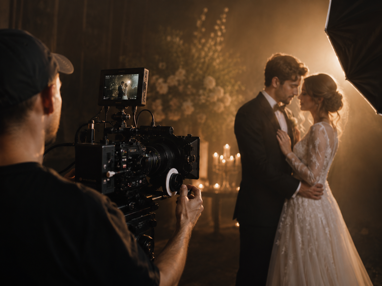 Equipe filmando um casal em um set iluminado