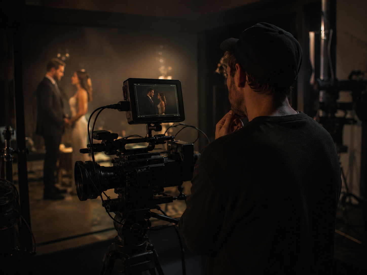 Cinegrafista acompanhando a cena pelo monitor da câmera