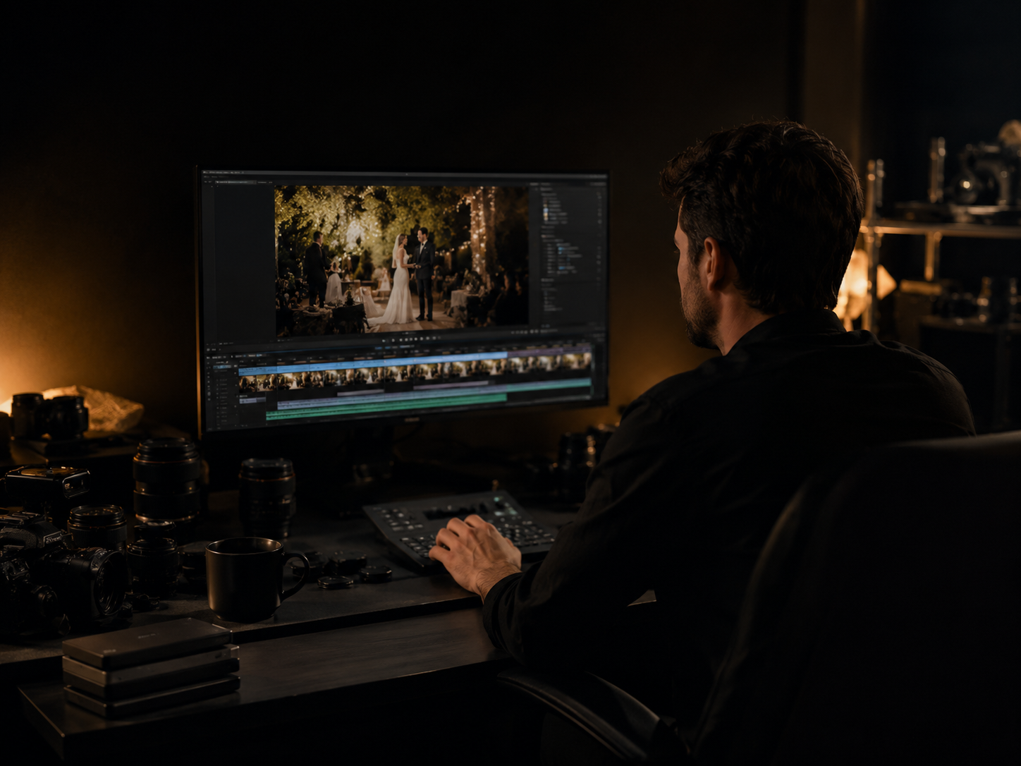 Editor finalizando o filme no estúdio