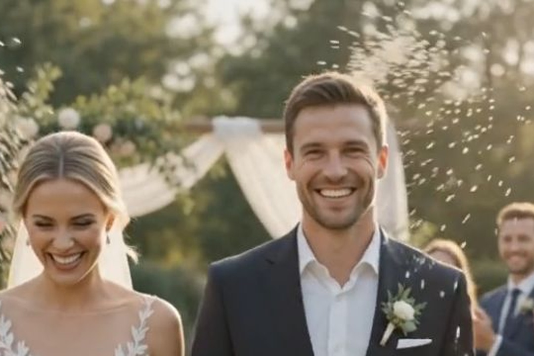 Casal sorrindo sob o arroz lançado pelos convidados